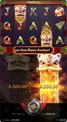 Prosperity Lion · Pemantauan animasi panggung barongsai dan nilai angka pada pilar.